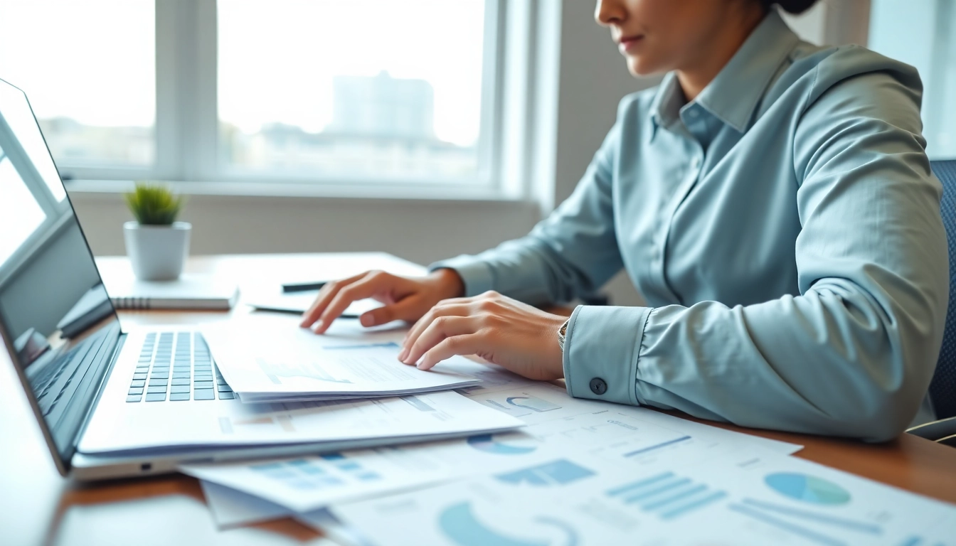 Engaging consultant analyzing Federal and State contracts and grants documents in a bright office.