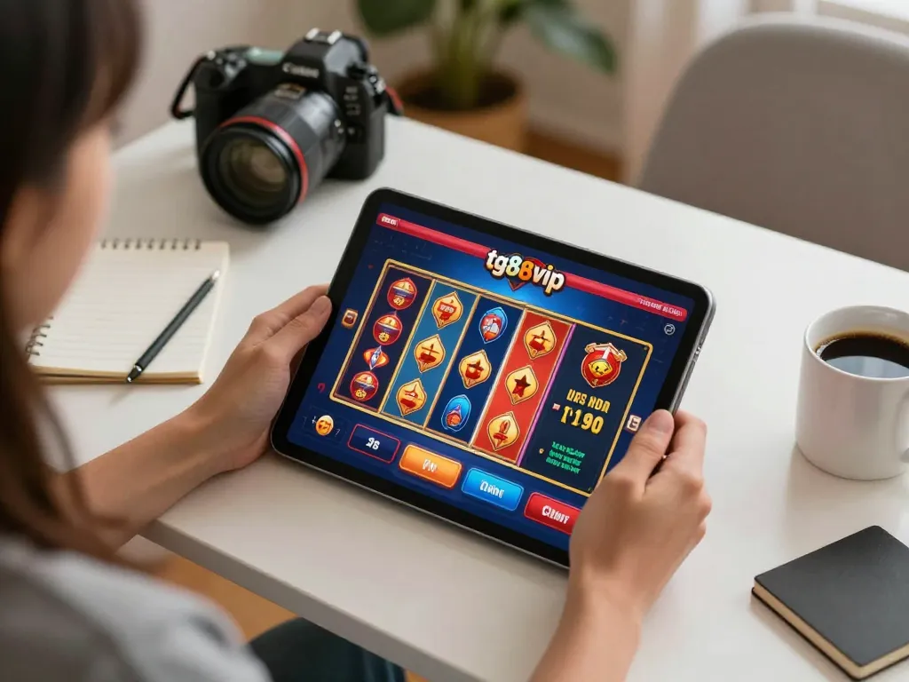 Engaging in tg88 vip games at home with tablet showcasing vibrant casino interface and strategy notes.
