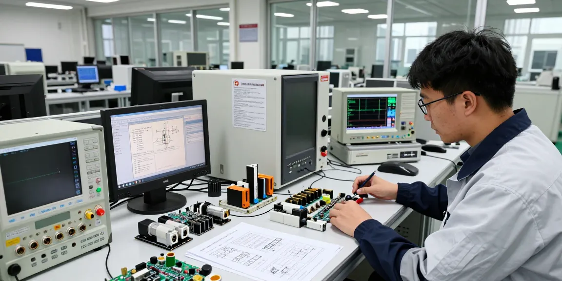 Engineer analyzing IEC connectors in electronics manufacturing workspace, showcasing testing equipment and technical diagrams.