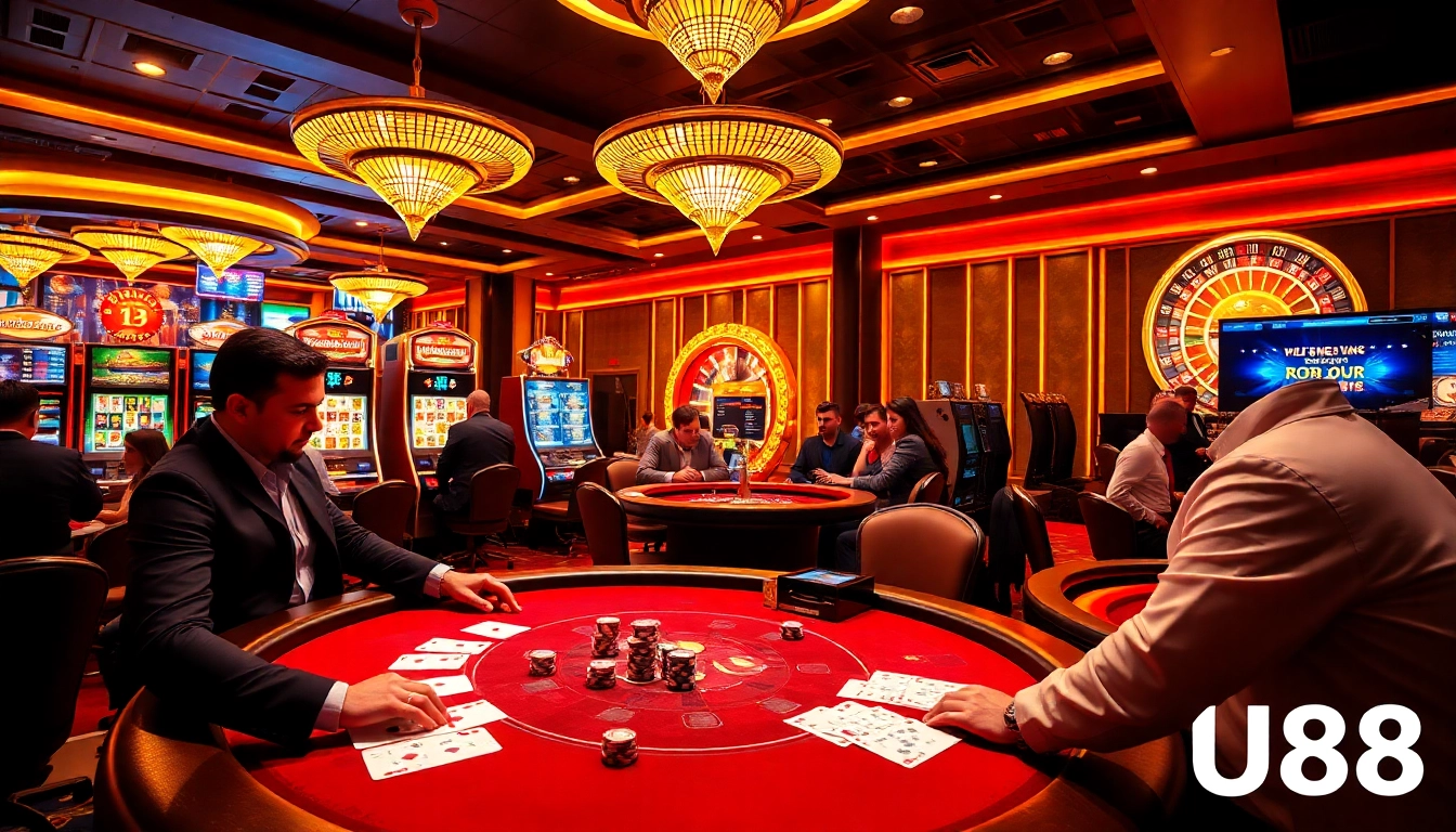 Engaging players at the U88 casino poker table with vibrant chips and cards.