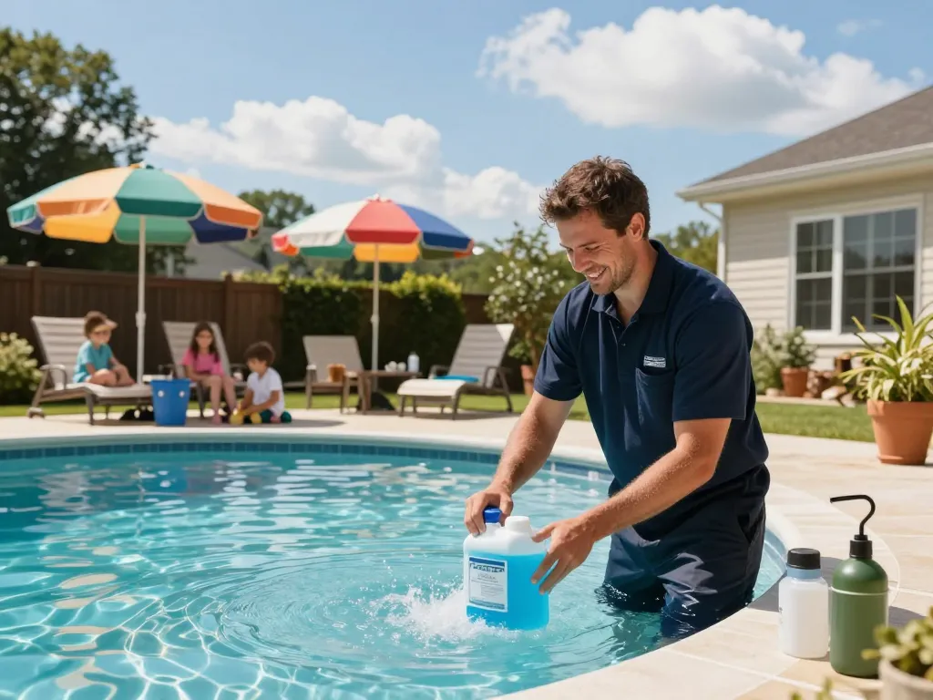 Dolphin Pool Services technician maintaining a pristine pool in Virginia backyard.