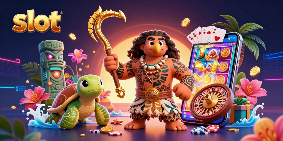 Spin vibrant slot games with a Polynesian demigod and turtle in this colorful casino scene.