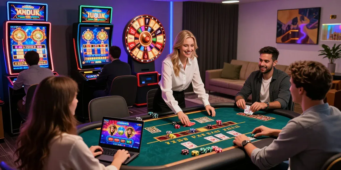 Scène dynamique de joueurs engagés dans des jeux de casino fiable en ligne, mettant en avant l'action des croupiers en direct et des éléments de jeu interactifs dans un cadre moderne.