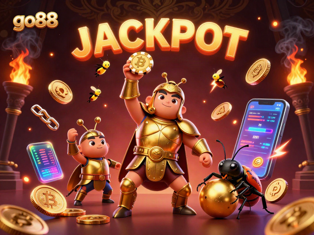 Experience thrilling wins with the go88 beetle duo celebrating a jackpot in a vibrant casino scene.