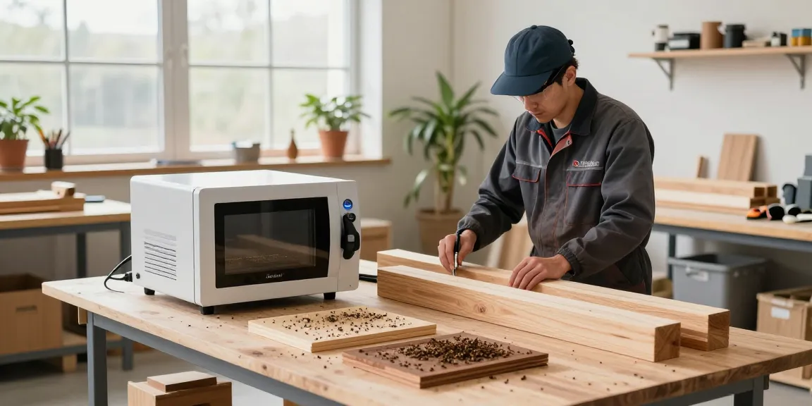Shashel® technician using innovative microwave equipment for wood pest control in a modern workshop.