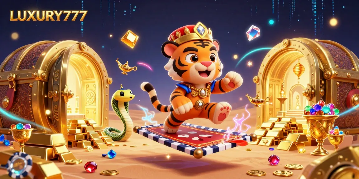 LUXURY777 meraih kemenangan dengan simbol slot dan harta karun mewah dalam ilustrasi kasino.