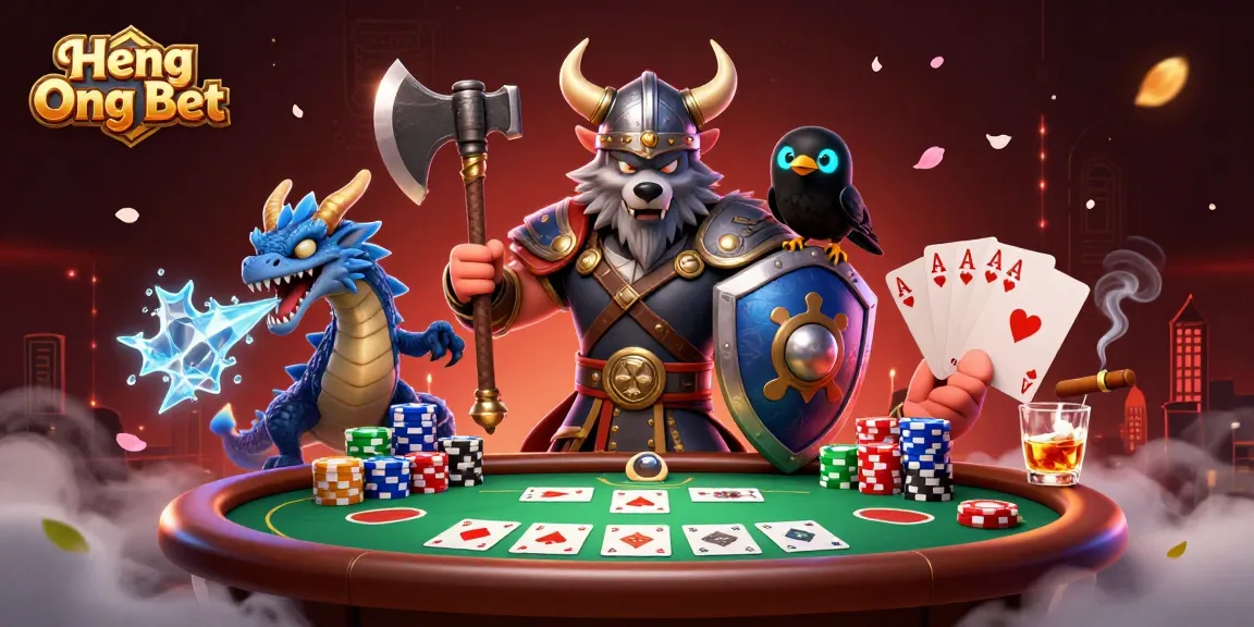 Engage in thrilling gameplay with Heng Ong Bet’s epic character trio at a vibrant poker table.