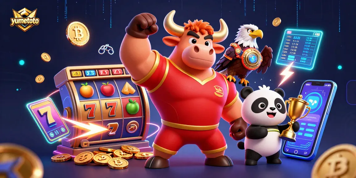 Experience the thrill of yumetoto with a triumphant bull, eagle, and panda amidst vibrant slots and crypto elements.