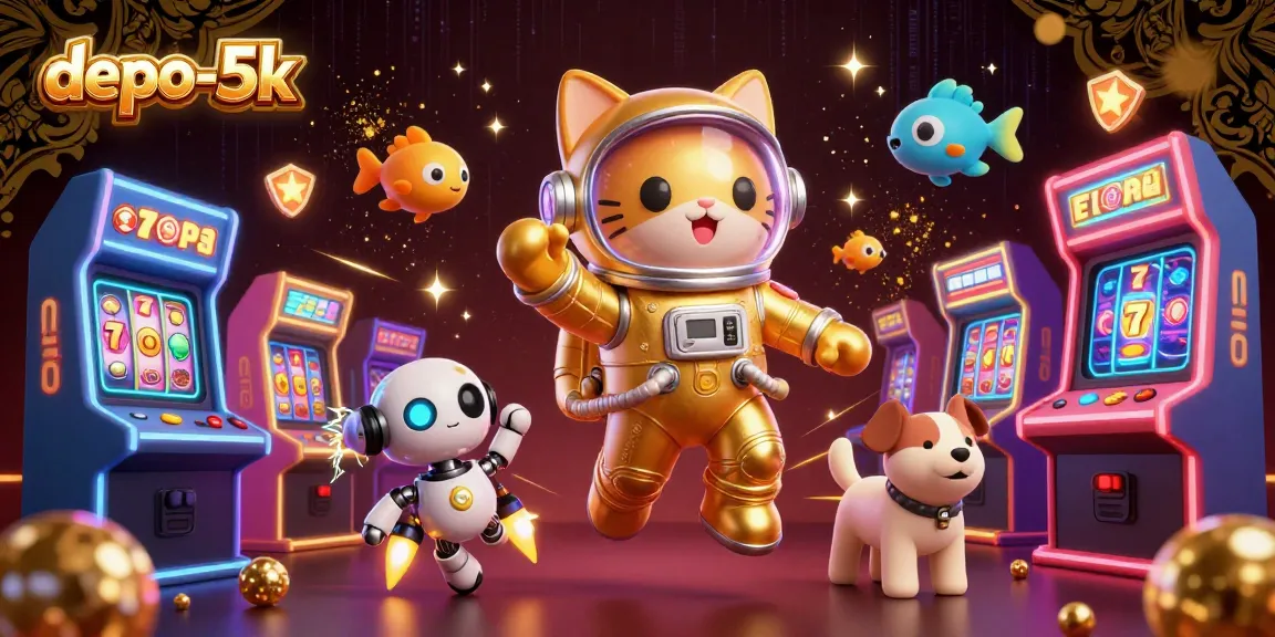 Win with depo-5k in this vibrant 3D casino scene featuring fun elements of slot gameplay.