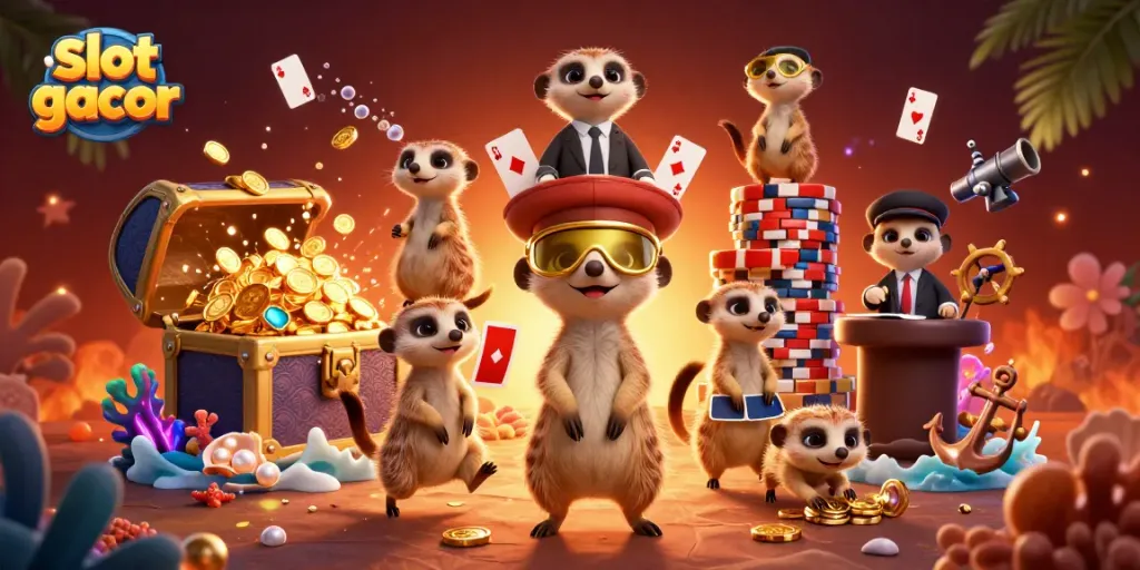 Slot gacor menghadirkan suasana kasino yang meriah dengan karakter meerkat bermain dan memenangkan jackpot.