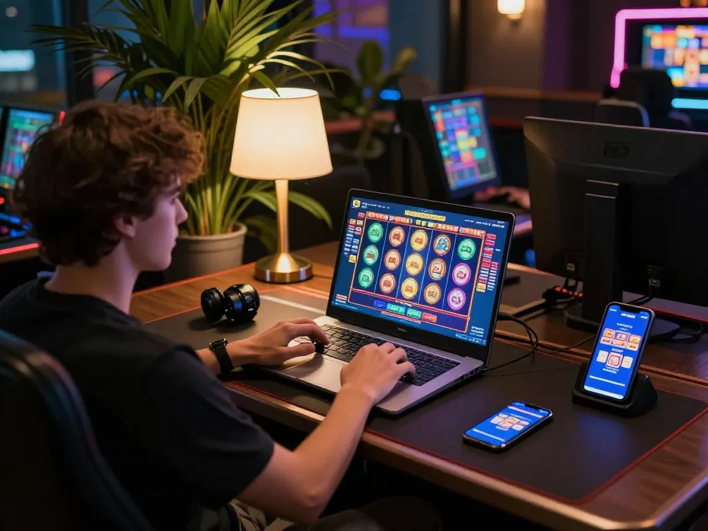 Engaging in casino non aams europei gaming with vibrant slot graphics on a laptop