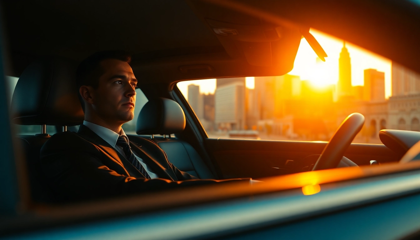Experience Chauffeur Hire with a professional driver in a luxury vehicle against a city skyline.