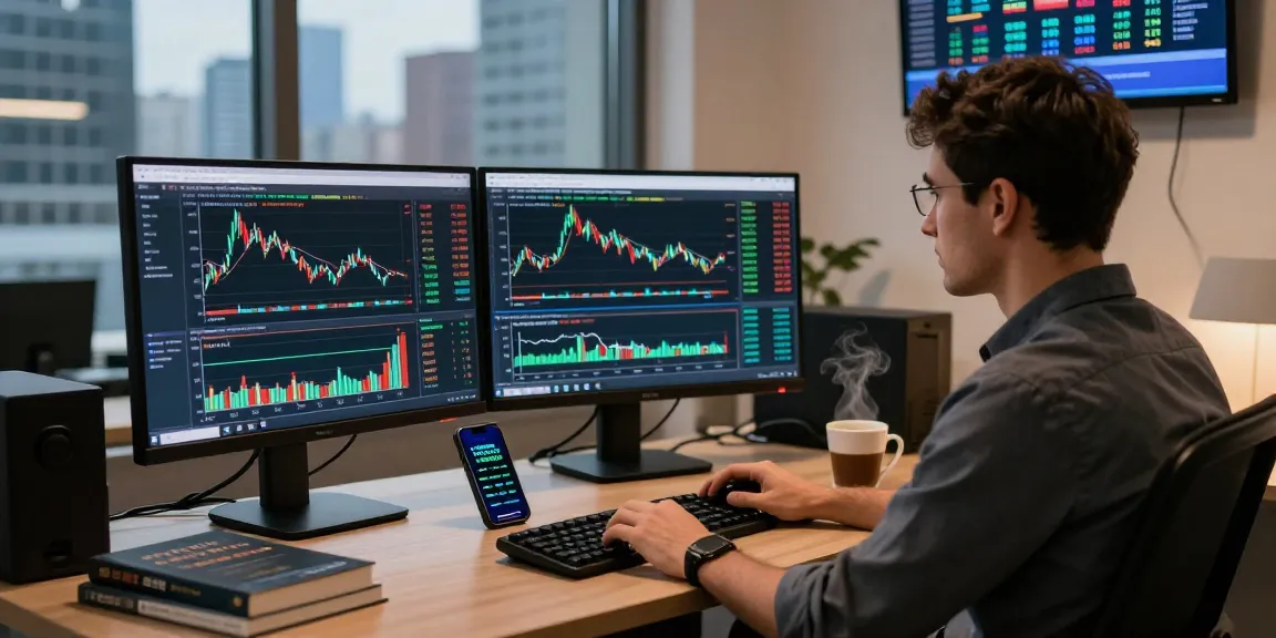 Trader analyzing live charts on mt4 in a sleek office environment, capturing professional forex trading atmosphere.