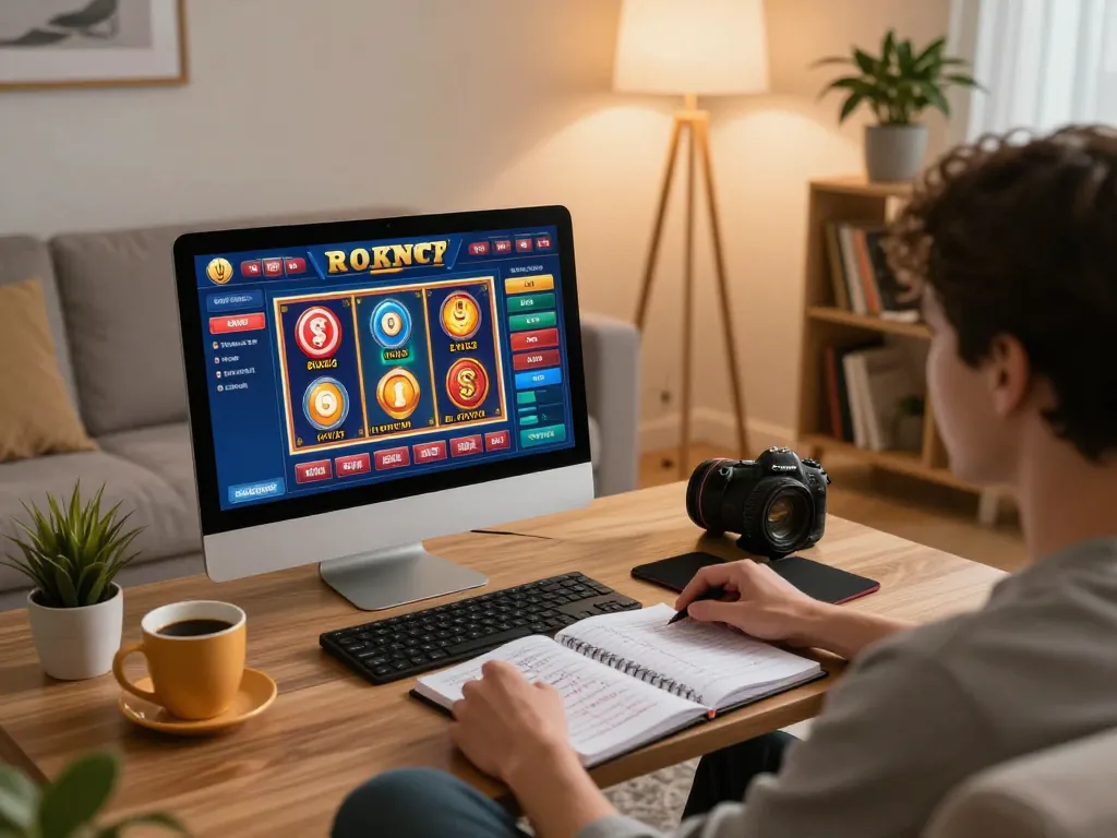 Play exciting slot games at situs gacor on a cozy home setup with coffee and strategy notes