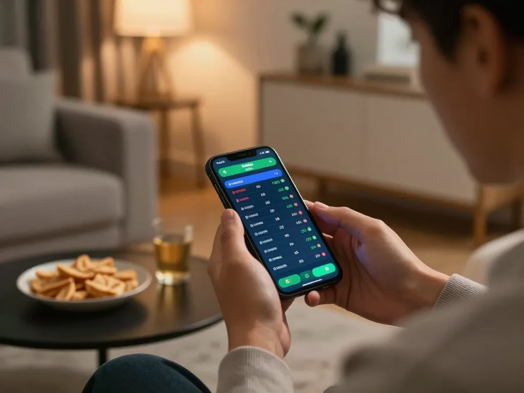 A person placing bets on soi keo nha cai app in a cozy living room, emphasizing sports betting excitement