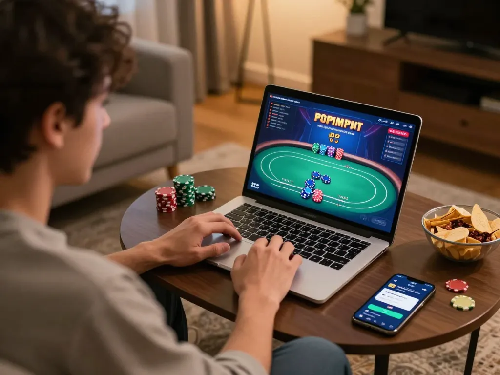 Engaging in online poker at home with SC88 gaming interface and smartphone app.