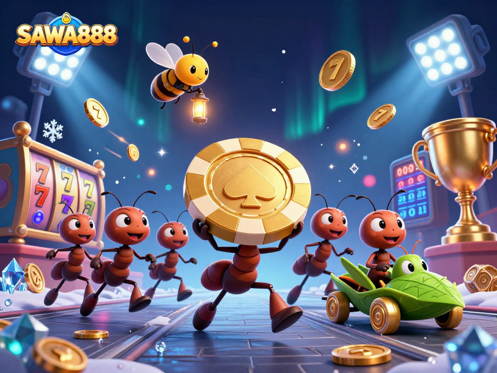 SAWA888 ants and grasshopper in a lively casino heist scene with golden poker chips.