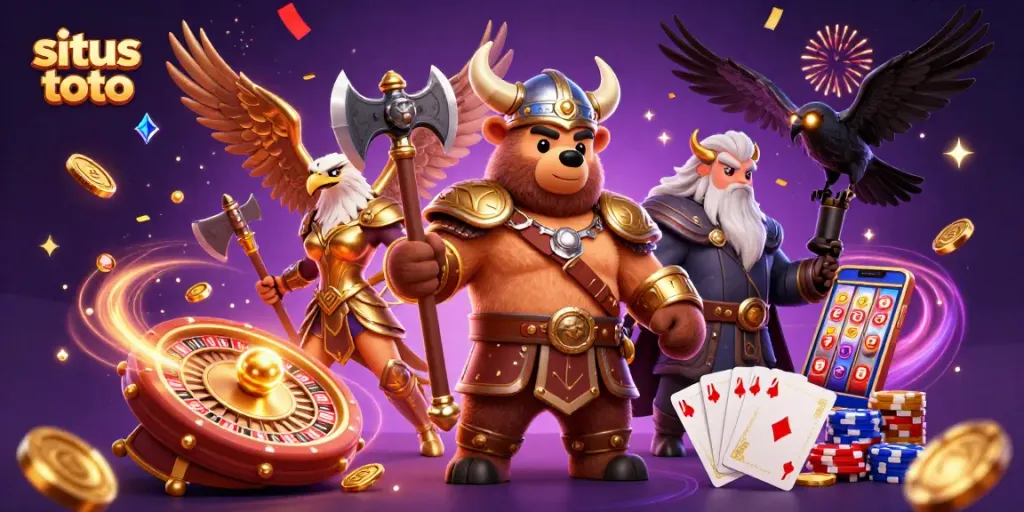 Experience situs toto with thrilling action from a Viking bear and Valkyrie eagle amidst cascading coins and roulette.