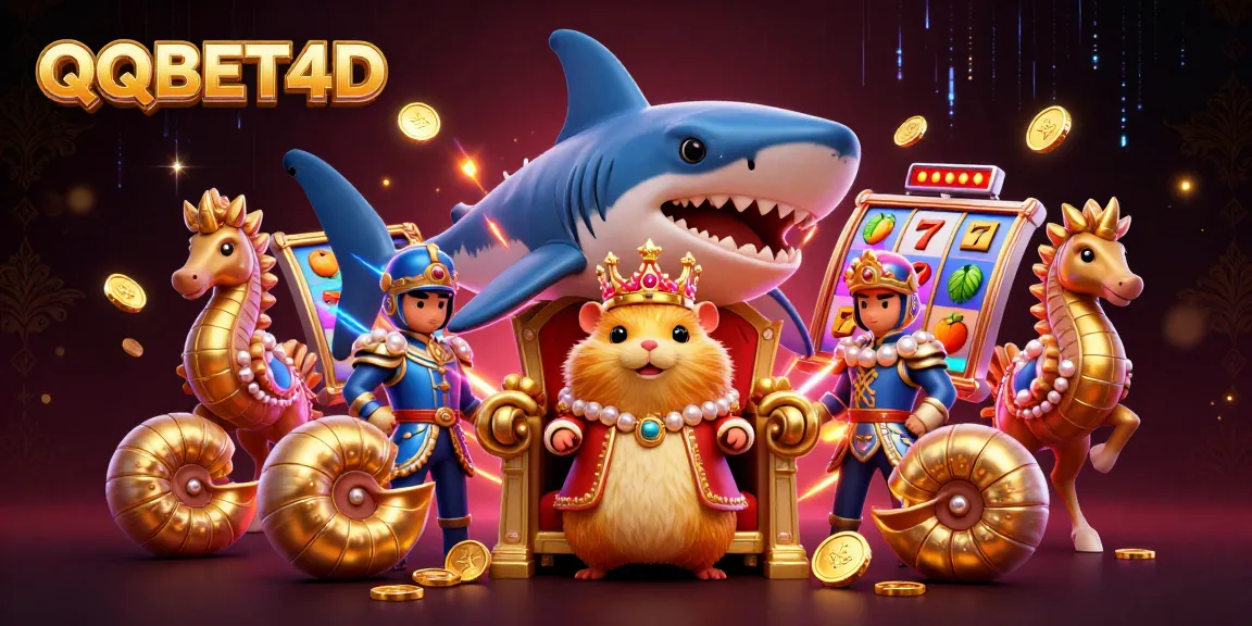 QQBET4D menghadirkan raja hamster emas yang berkuasa di atas gigi megalodon, dikelilingi slot dan koin emas
