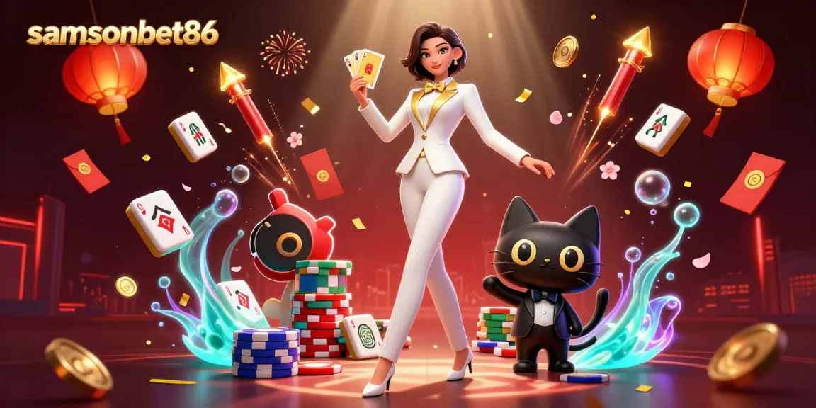 Engage with samsonbet86 in a vibrant casino scene featuring a glamorous hostess and animated elements.