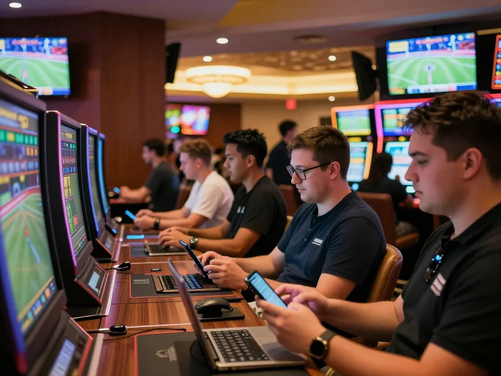 Engaged bettors analyzing odds at jae888 sports betting area, placing strategic wagers