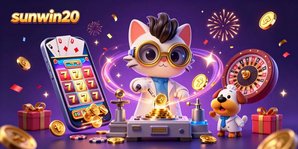 Experience thrilling gameplay with sunwin20 featuring a mad scientist cat and loyal dog in a vibrant casino scene.