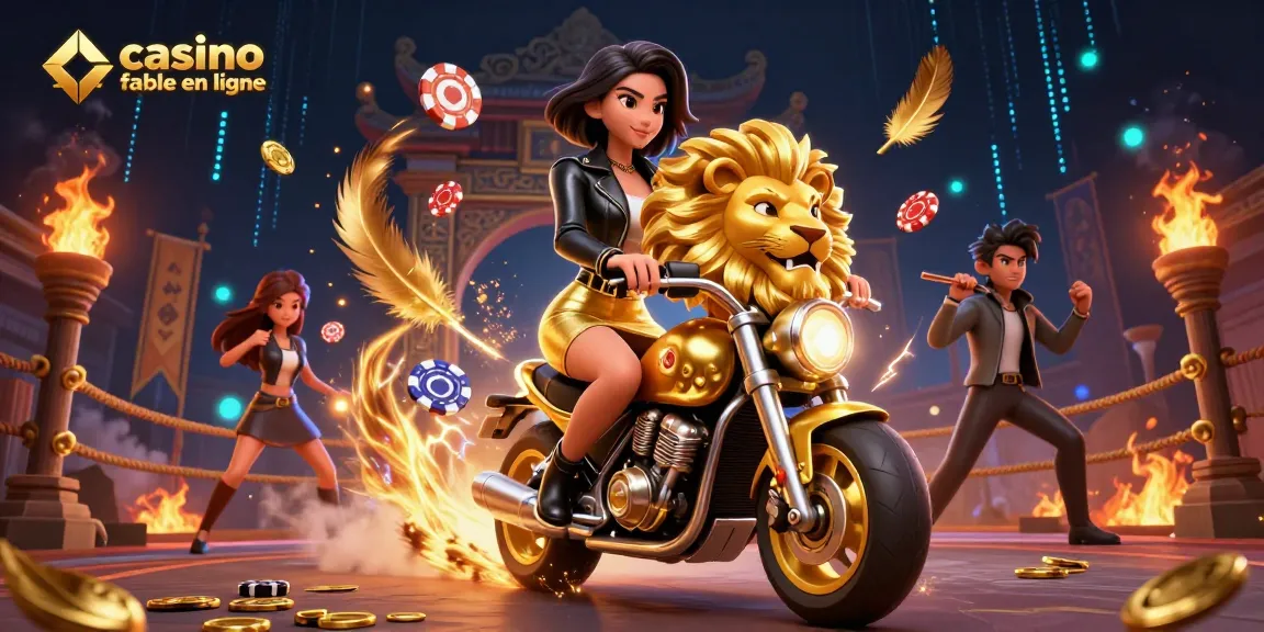 Découvrez l'excitation du casino fiable en ligne avec une femme glamour chevauchant une mascotte de lion doré.