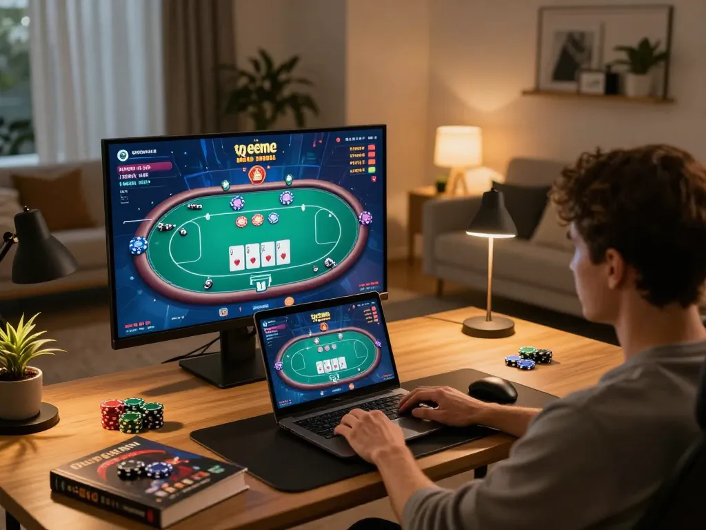 Player focuses on online g28-t1 poker game on laptop in cozy home setting, highlighting strategic gameplay.