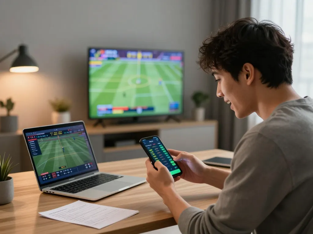 Person engaging in trang ca cuoc bong da at home using a smartphone for betting, showing excitement and strategic notes.