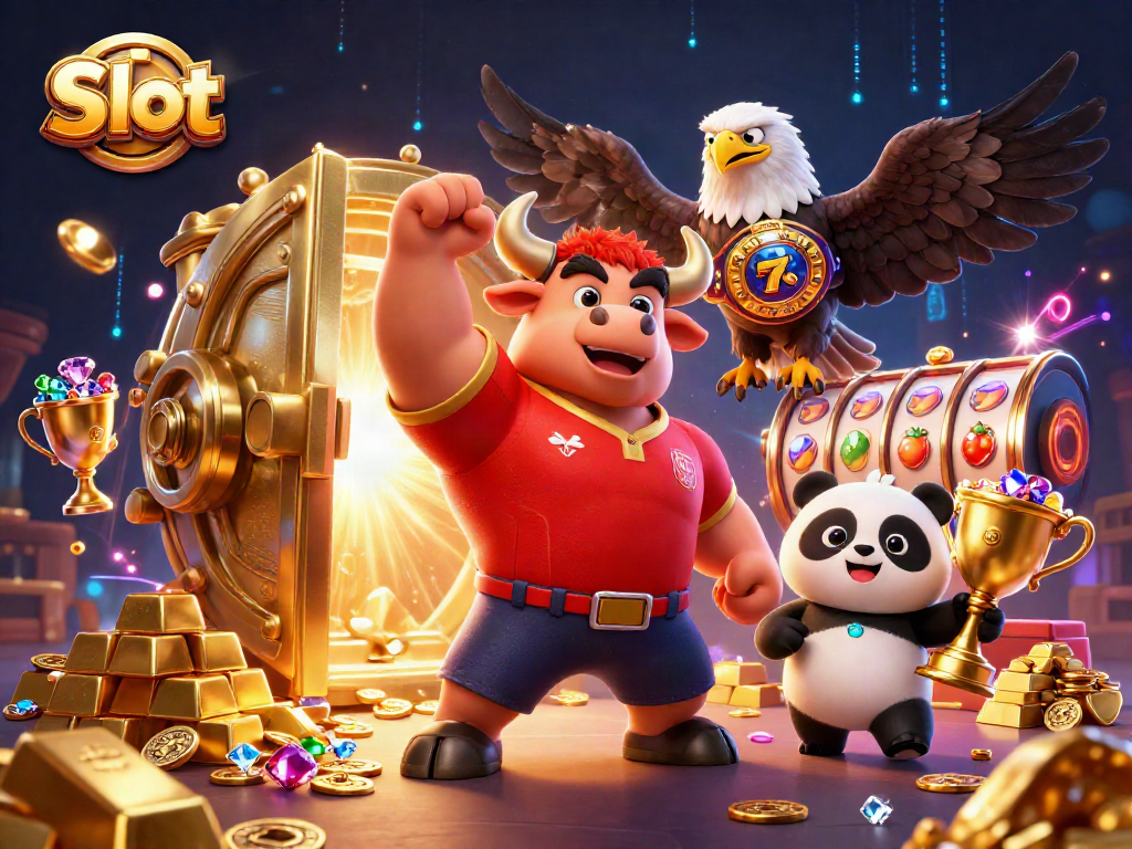 Spin the Slot reels for big wins alongside a victorious bull mascot and his friends celebrating