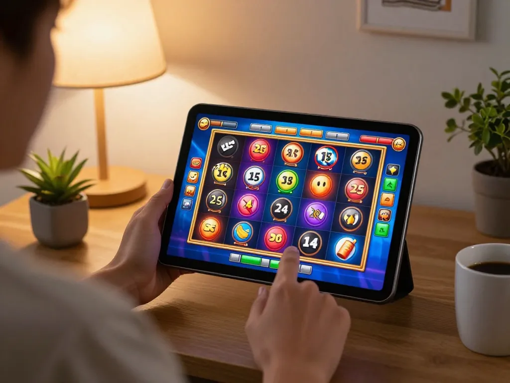 situs slot gaming excitement shown on tablet screen, engaged player in cozy home setting