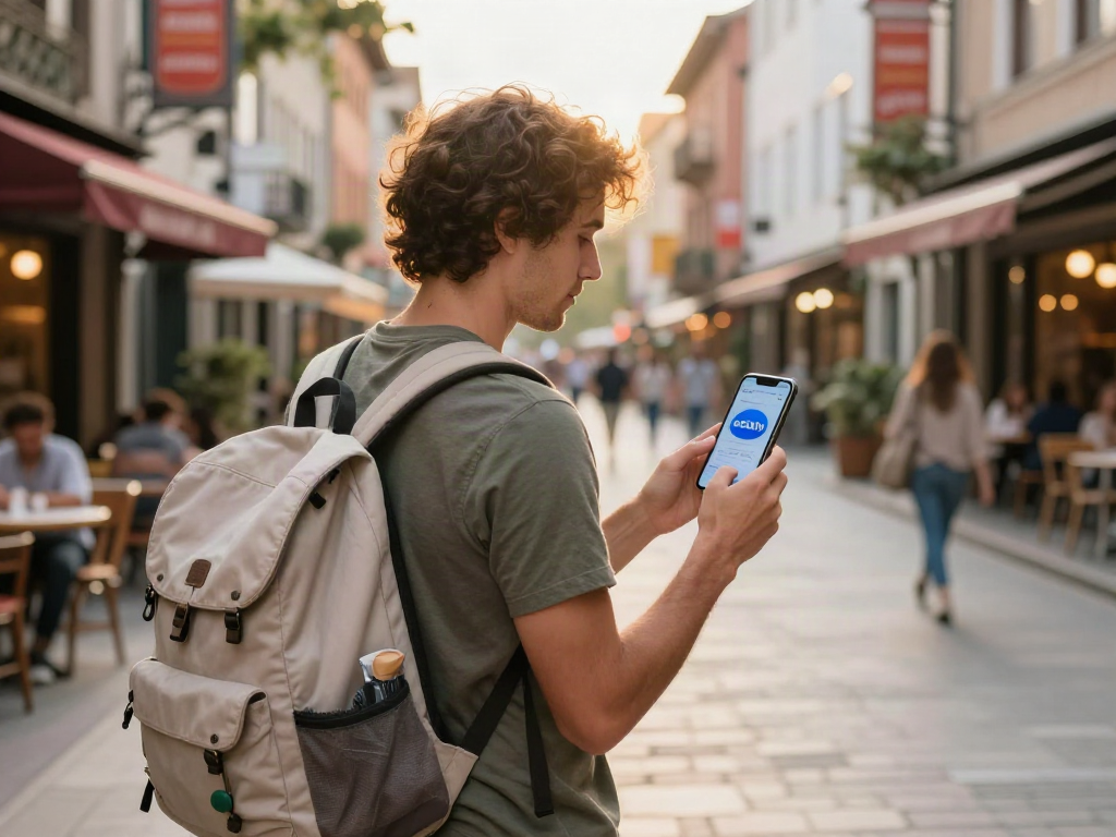 חווית Esim לחו"ל בזמן טיול בעיר תוססת, עם סמארטפון ועזרים שונים