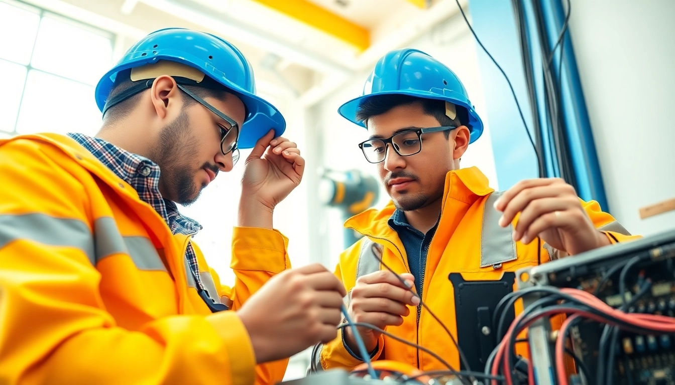 Electrician apprentices working together on an electrical apprenticeship project, showcasing teamwork and skills.