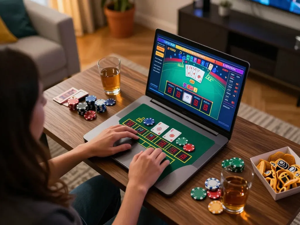Playing blackjack on Fun88 com with live dealer, showcasing chips and cards in a cozy home.