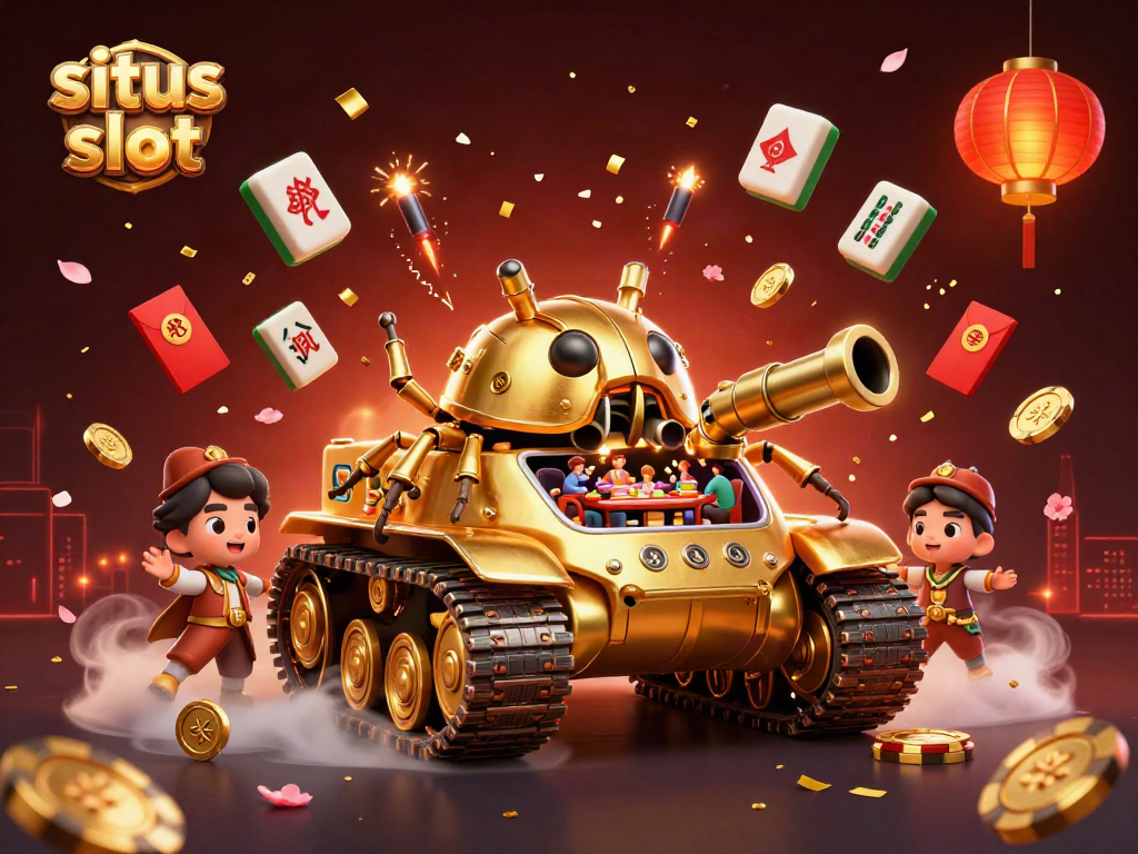 Experience situs slot gameplay with a dynamic scene of a 3D cartoon casino tank and festive game elements.