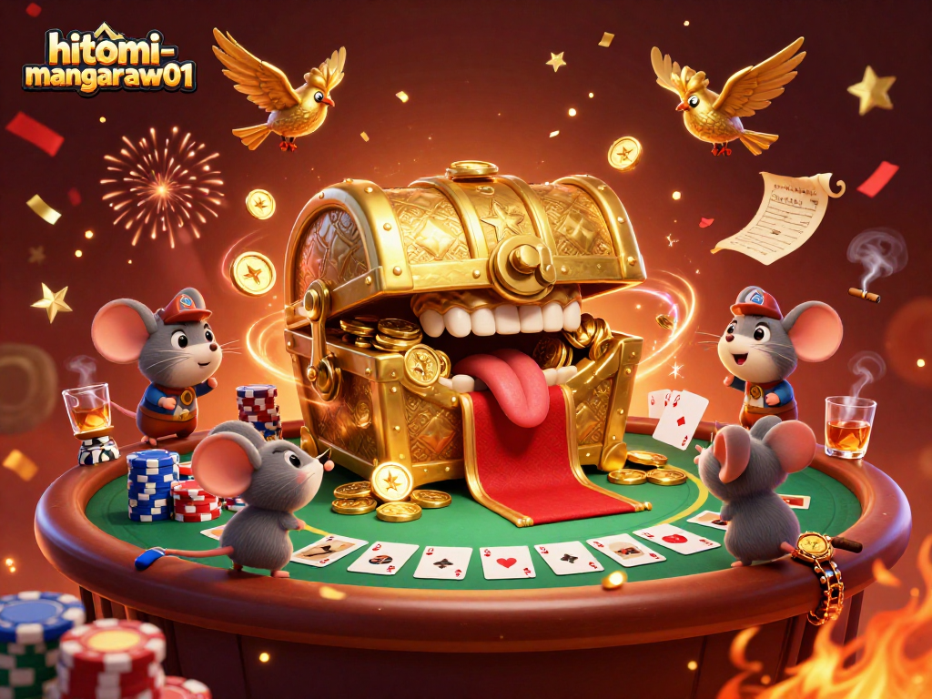 Engage with the vibrant action of hitomi-mangaraw01 as adventurer mice are entranced by a treasure chest amid a lively poker scene.