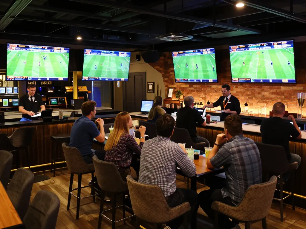 Watch live football matches and place bets at https://nddo.org in a vibrant sports betting bar atmosphere.