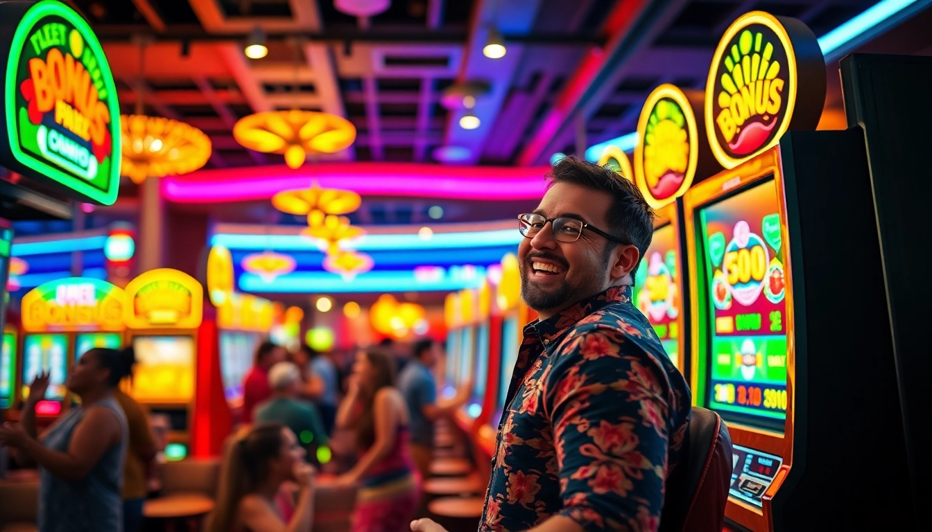 Slot gacor player celebrating a big win in a bustling casino environment.