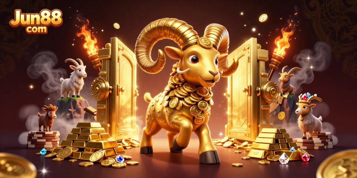 Engage with exciting games at Jun88 com, featuring a golden ram charging through a treasure-filled gateway.