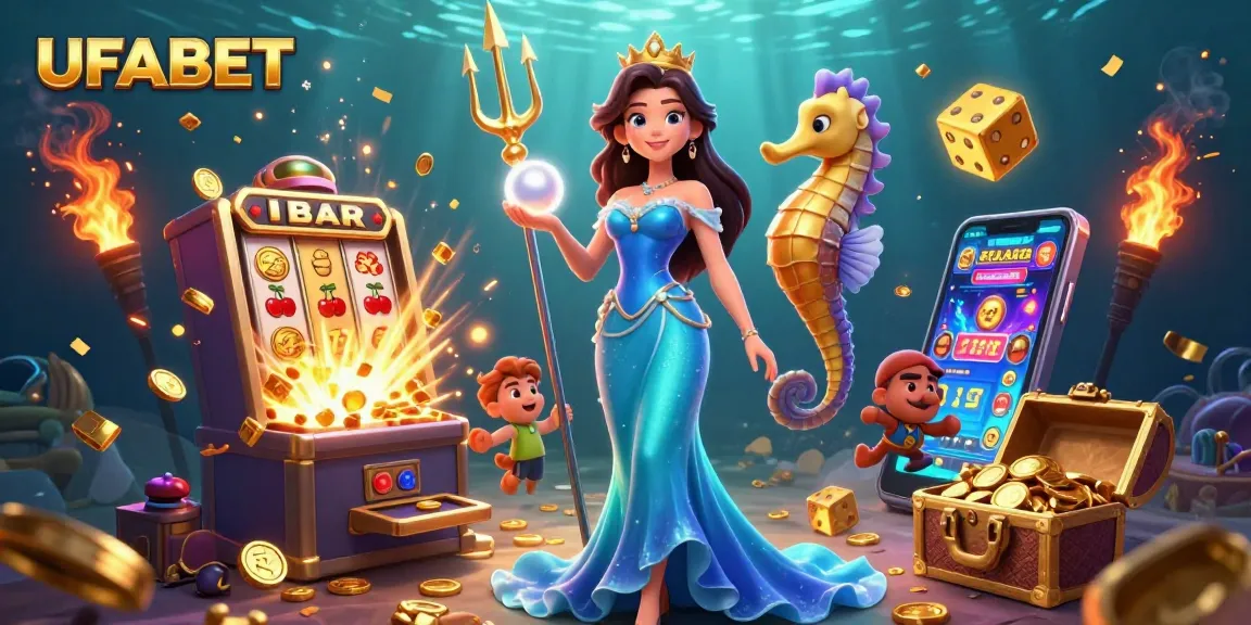 Experience the thrill of UFABET with vibrant casino elements and captivating underwater scenes.