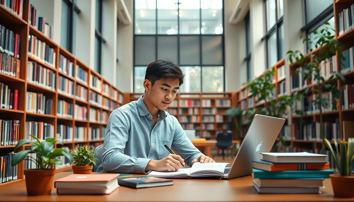 Student preparing to pay someone to take toefl in a serene library setup, focused on studies.