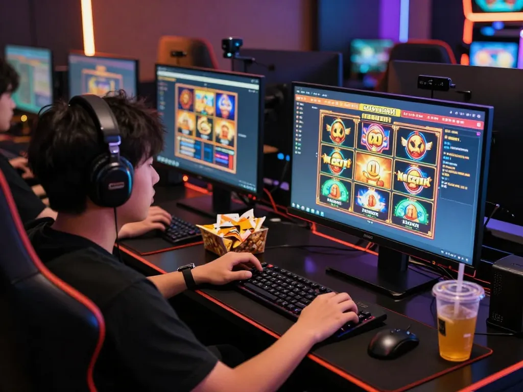Intense gaming moment featuring a player enjoying slot gacor hari ini games on a vibrant desktop setup.