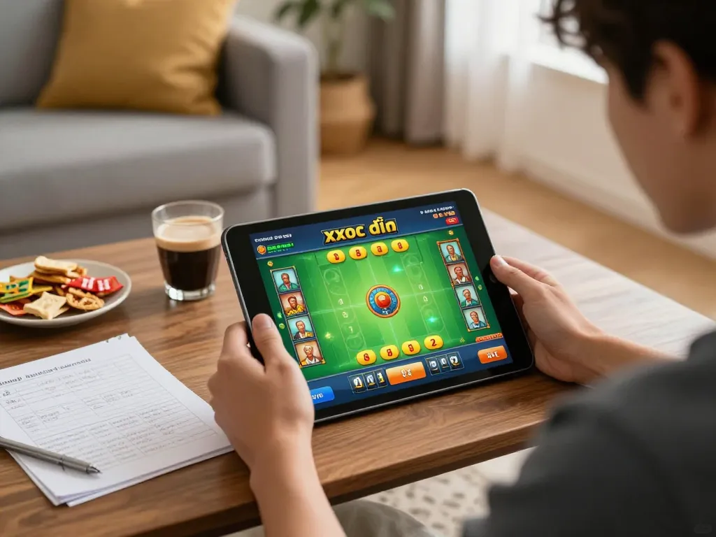 Xóc đĩa online gameplay on tablet in cozy living room with strategy notes.