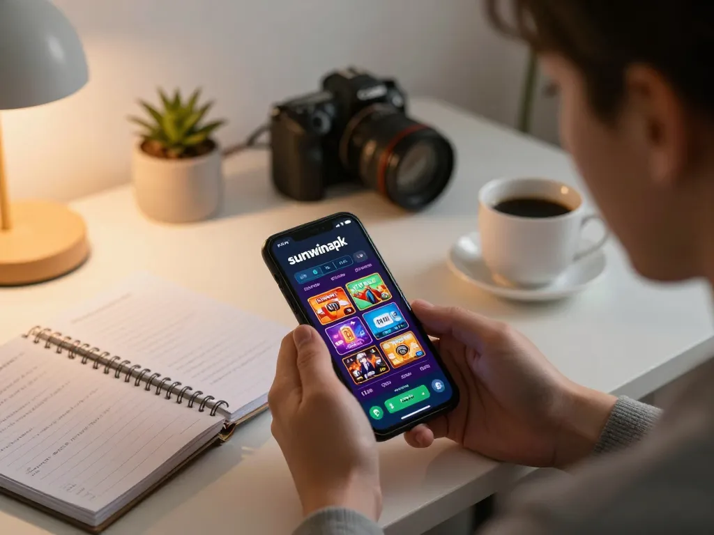 Engaging mobile gaming experience with sunwinapk app displayed on smartphone, user strategizing in a cozy home setting.