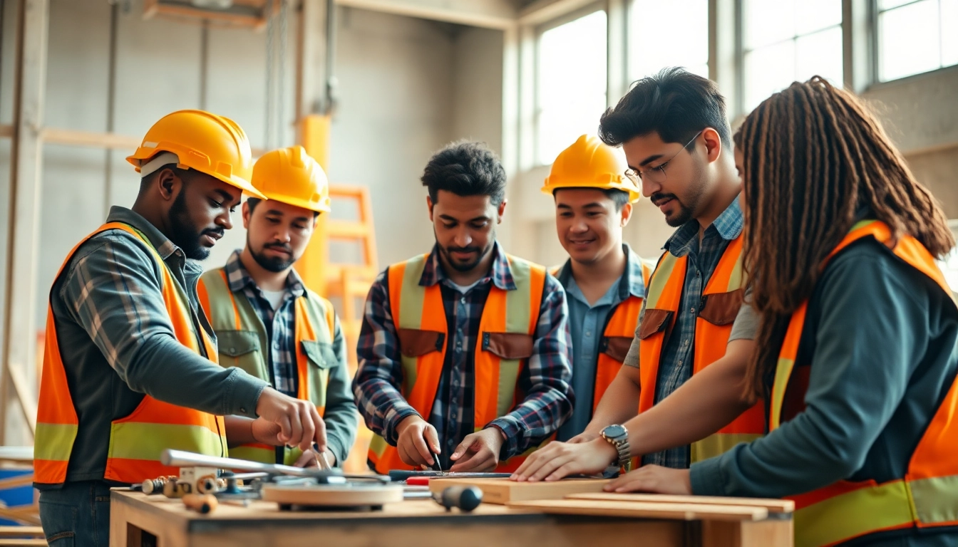 Engaged contractors in a contractor apprenticeship, collaborating efficiently on-site, showcasing teamwork.