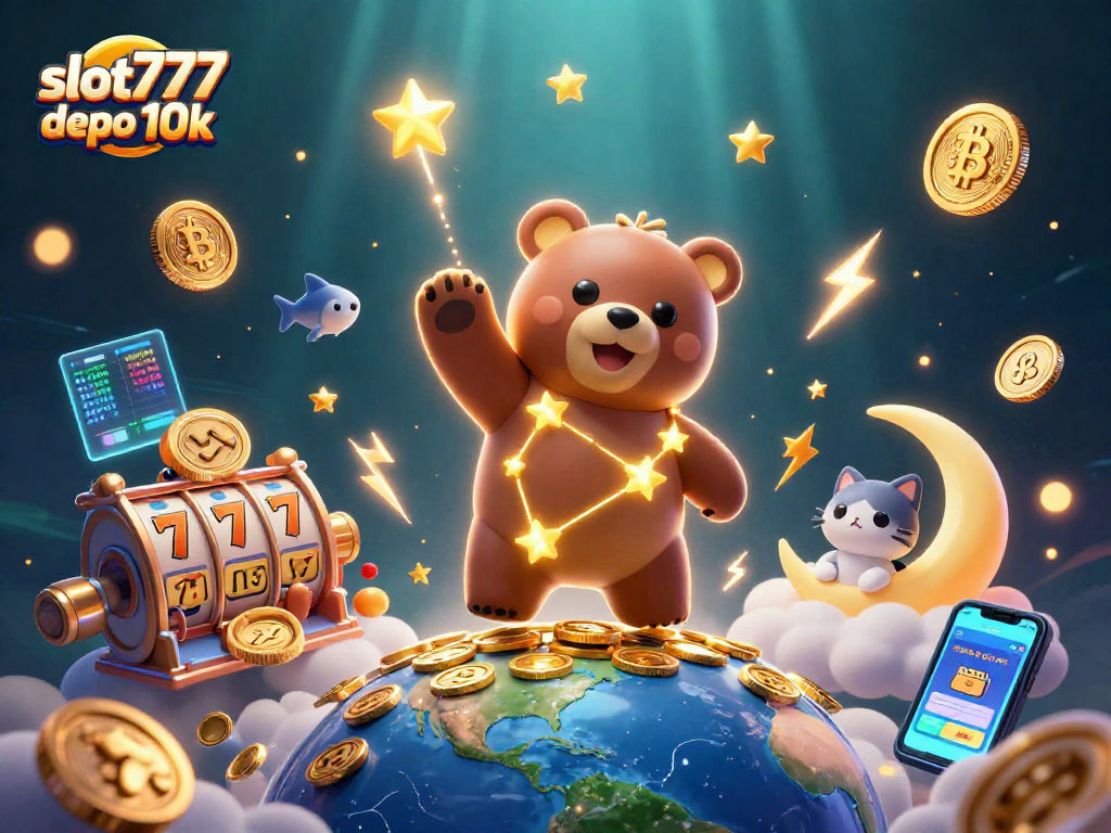Experience the thrill of slot777 depo 10k with dazzling slot reels and golden star characters.