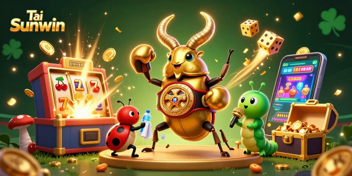 Tải Sunwin with a vibrant 3D casino scene featuring iconic gaming symbols and dynamic characters.