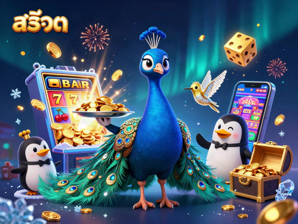 Experience the excitement of สล็อต with a lively casino scene featuring a peacock and jackpot symbols.