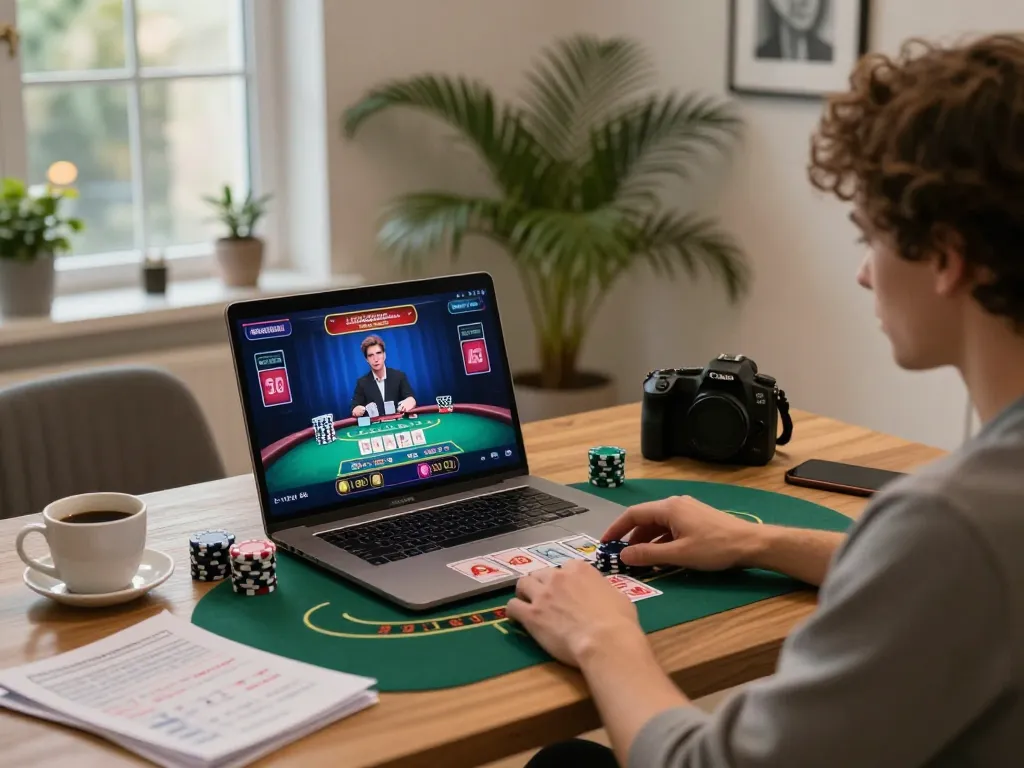 S666 user enjoying live dealer blackjack on a laptop in a modern home office setting