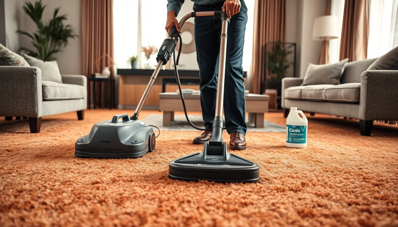 Engaged carpet cleaning business technician effectively using cleaning machine in a modern home.